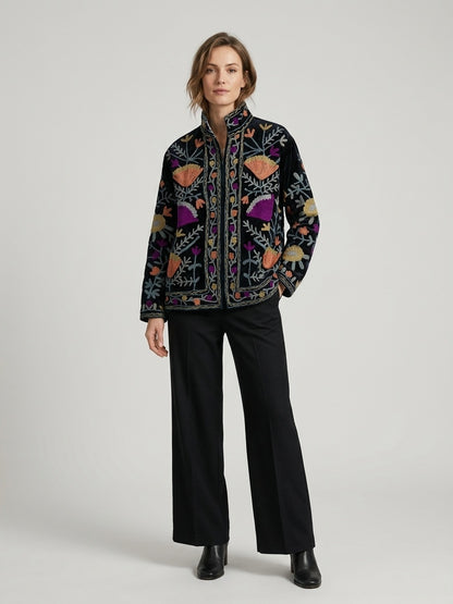 The Midnight Suzani — Hand-Embroidered Velvet Jacket — Ink Black with Marigold, Terracotta & Magenta Blooms