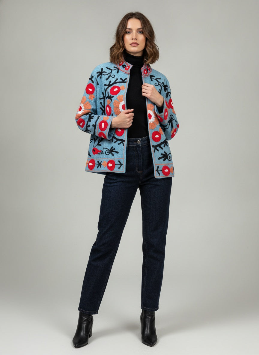 The Samarkand Bloom — Suzani Hand-Embroidered Cotton Jacket — Sky Blue with Crimson Pomegranates