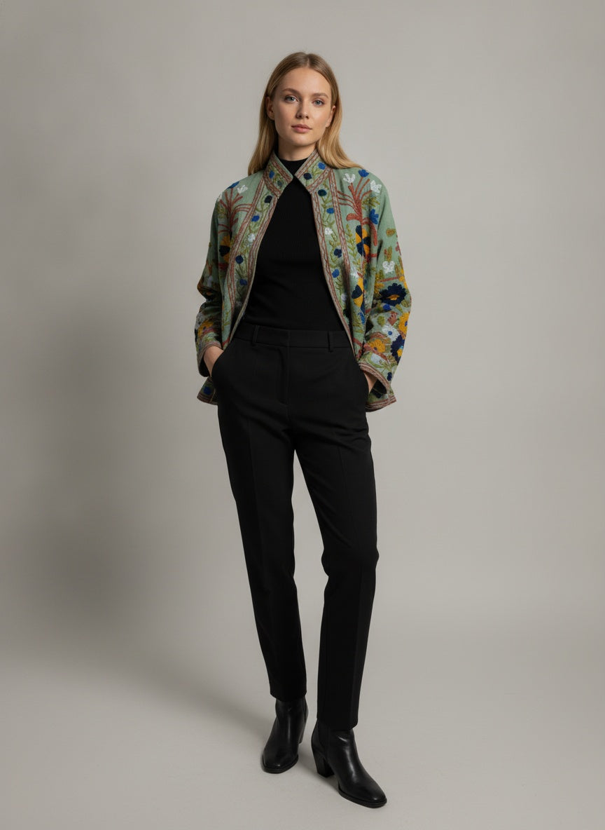The Sage Meadow — Suzani Embroidered Cotton Jacket — Pistachio Green
