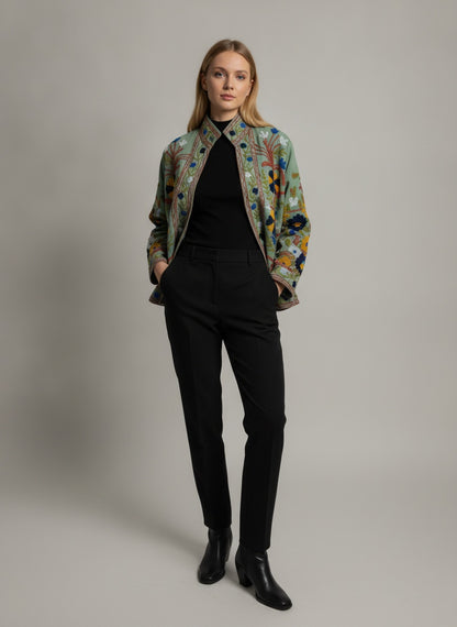 The Sage Meadow — Suzani Embroidered Cotton Jacket — Pistachio Green