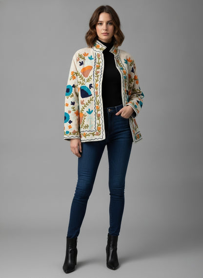 The Samarkand Bloom — Suzani Embroidered Velvet Jacket — Ivory with Terracotta & Teal
