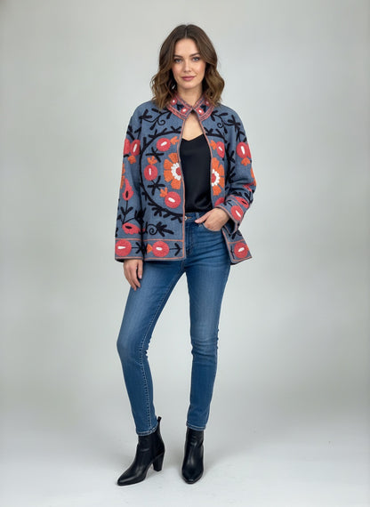 The Samarkand Bloom — Suzani Hand-Embroidered Cotton Jacket — Slate Blue with Coral & Marigold Florals