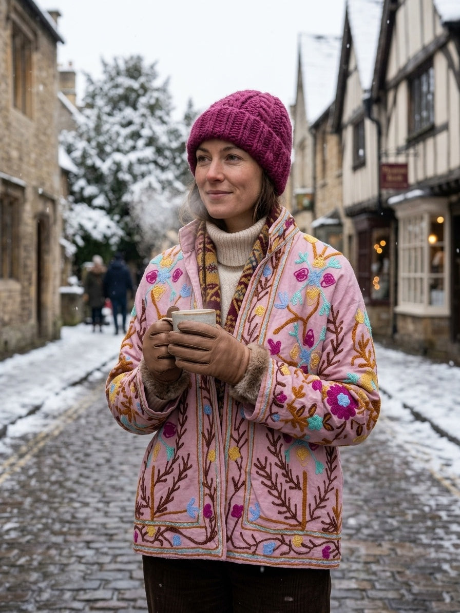 The Blossom Trellis — Suzani-Style Hand-Embroidered Cotton Jacket — Blush Pink