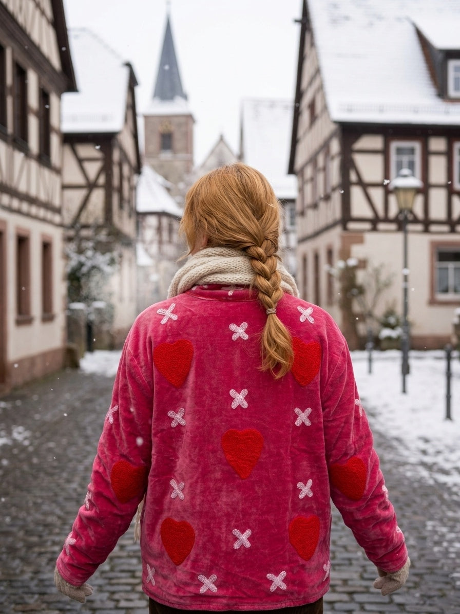The Kissed Rose — Suzani Embroidered Velvet Jacket — Fuchsia Pink with Crimson Hearts