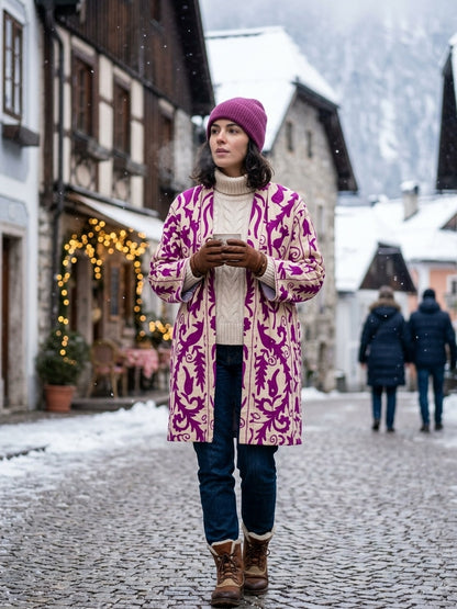 The Bahar Suzani — Hand-Embroidered Velvet Kimono — Ivory & Magenta
