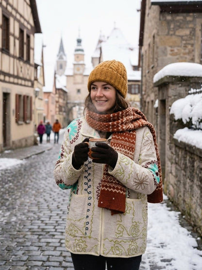 The Marigold Suzani — Hand-Embroidered Cotton Jacket — Ivory with Turquoise & Wine