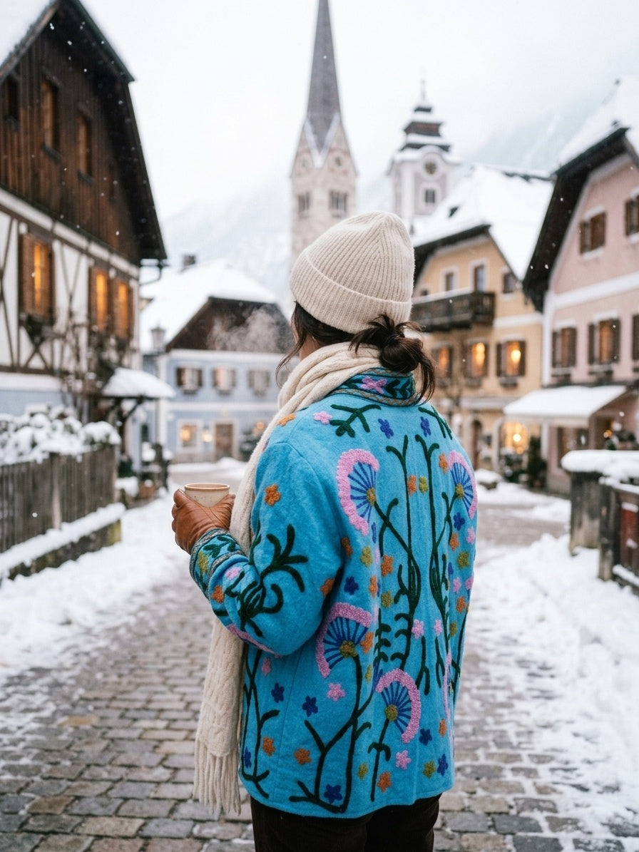 The Turquoise Meadow — Suzani-Embroidered Cotton Jacket — Sky Blue with Blush Pink & Indigo Florals