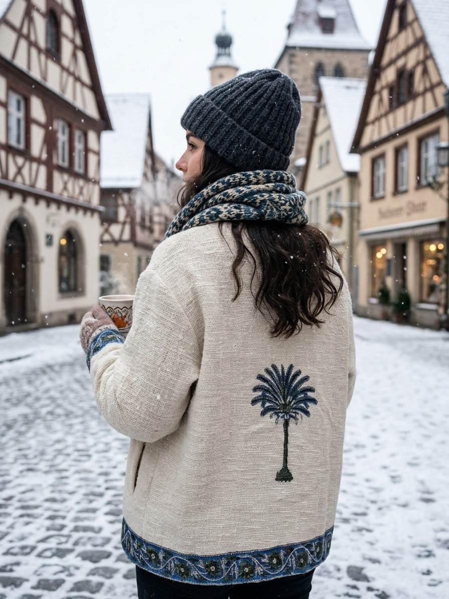 The Khejri Oasis — Hand-Embroidered Cotton Jacket — Undyed Ivory with Indigo Palm