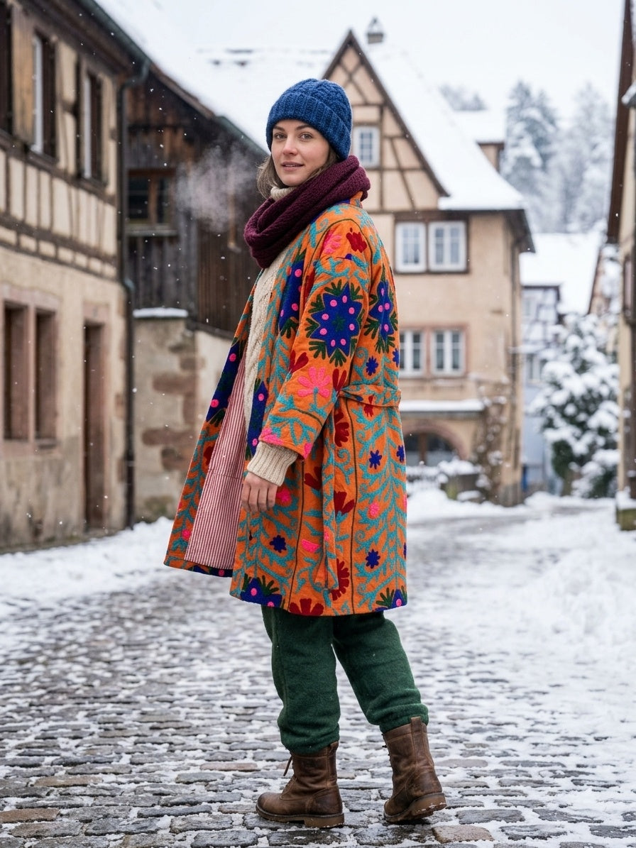 The Marigold Suzani — Hand-Embroidered Wool Kimono — Saffron Orange with Cobalt & Teal Florals
