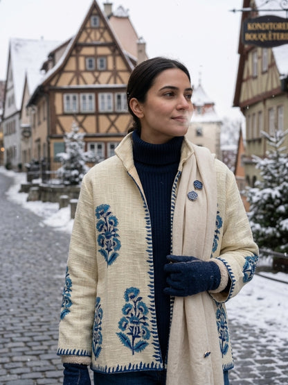 The Marigold Bagh — Suzani-Embroidered Handwoven Cotton Jacket — Ivory with Turquoise Blue