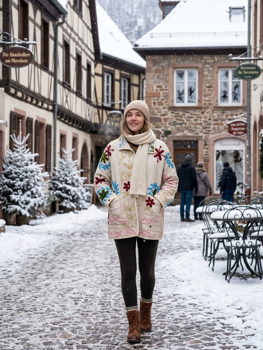 The Baghicha Bloom — Suzani Hand-Embroidered Cotton Jacket — Ivory with Cranberry, Sage & Sky Blue