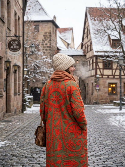 The Samarkand Sun — Suzani Embroidered Cotton Kimono — Olive & Vermillion