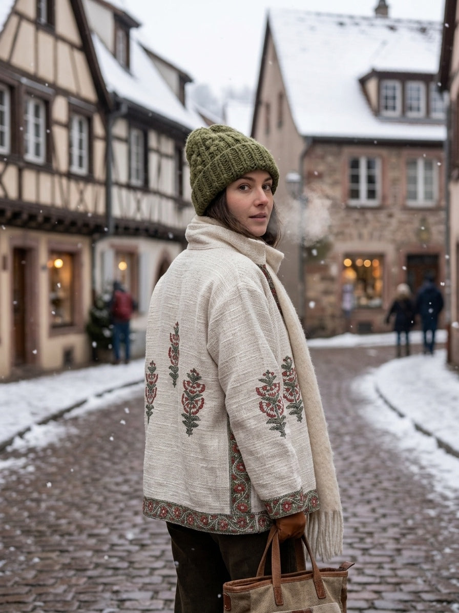 The Bagh-e-Gulab — Hand-Embroidered Cotton Jacket — Ivory with Rust Red & Sage Floral Trims