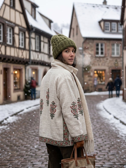 The Bagh-e-Gulab — Hand-Embroidered Cotton Jacket — Ivory with Rust Red & Sage Floral Trims