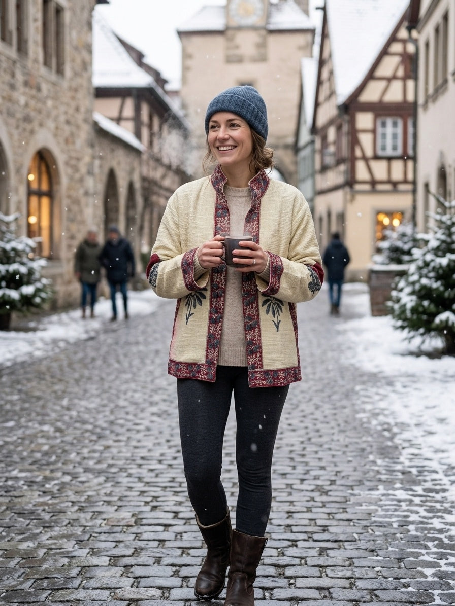 The Bagh Marigold — Suzani Hand-Embroidered Cotton Jacket — Ivory with Indigo & Wine Bordering