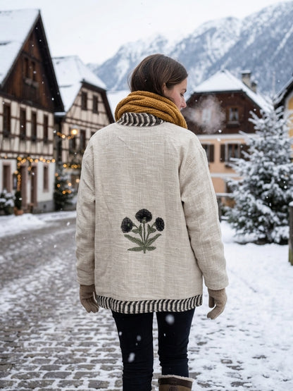 The Marigold Bloom — Hand Block-Printed Cotton Jacket — Undyed Ivory with Ebony Chevron Trim