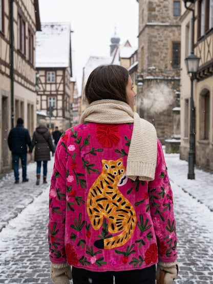 The Bengal Bloom — Suzani Embroidered Velvet Jacket — Fuchsia Pink with Amber Tiger