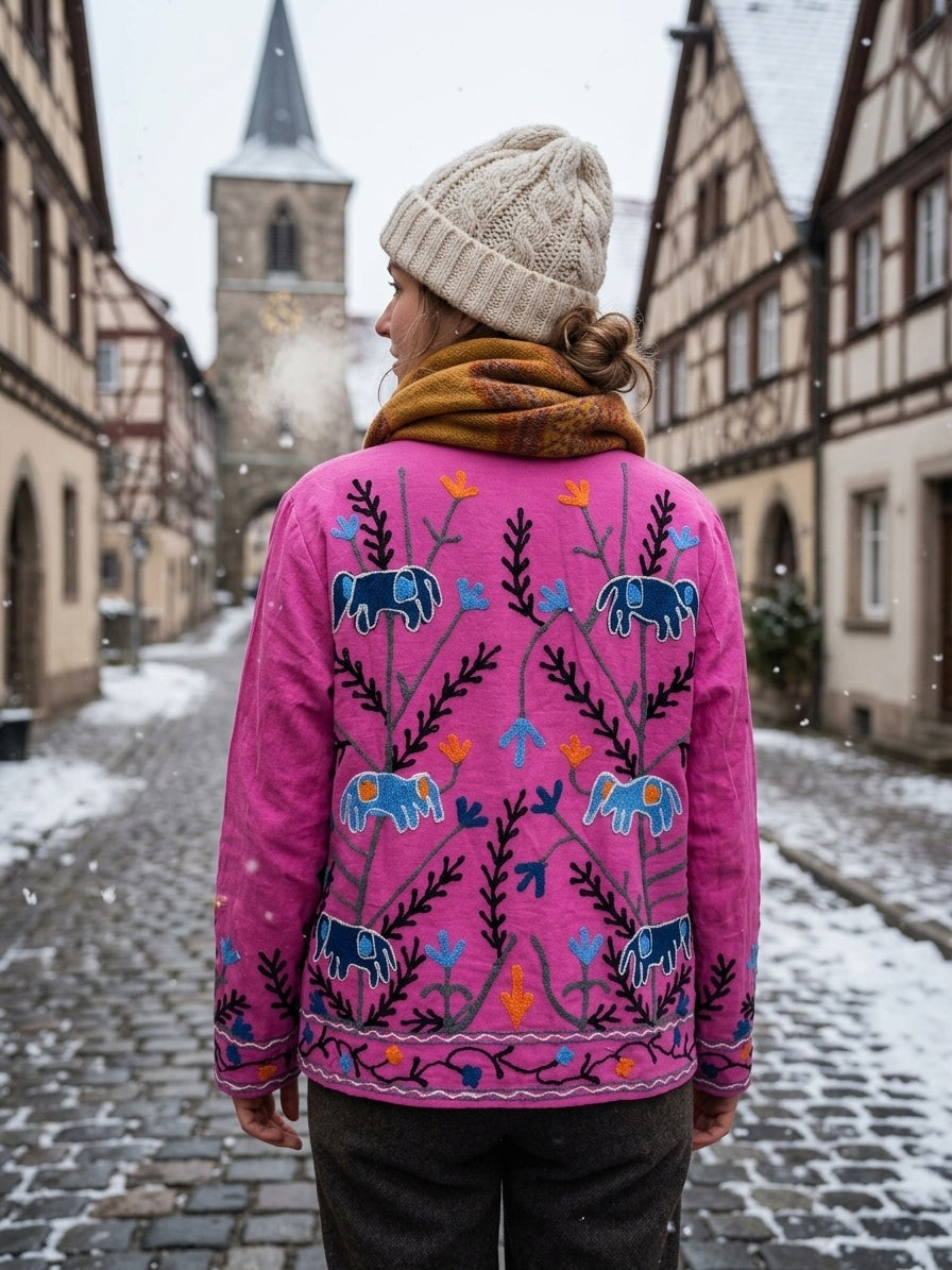 The Fuchsia Elephant Trail — Suzani Hand-Embroidered Cotton Jacket — Magenta Pink with Indigo Blue & Marigold Orange